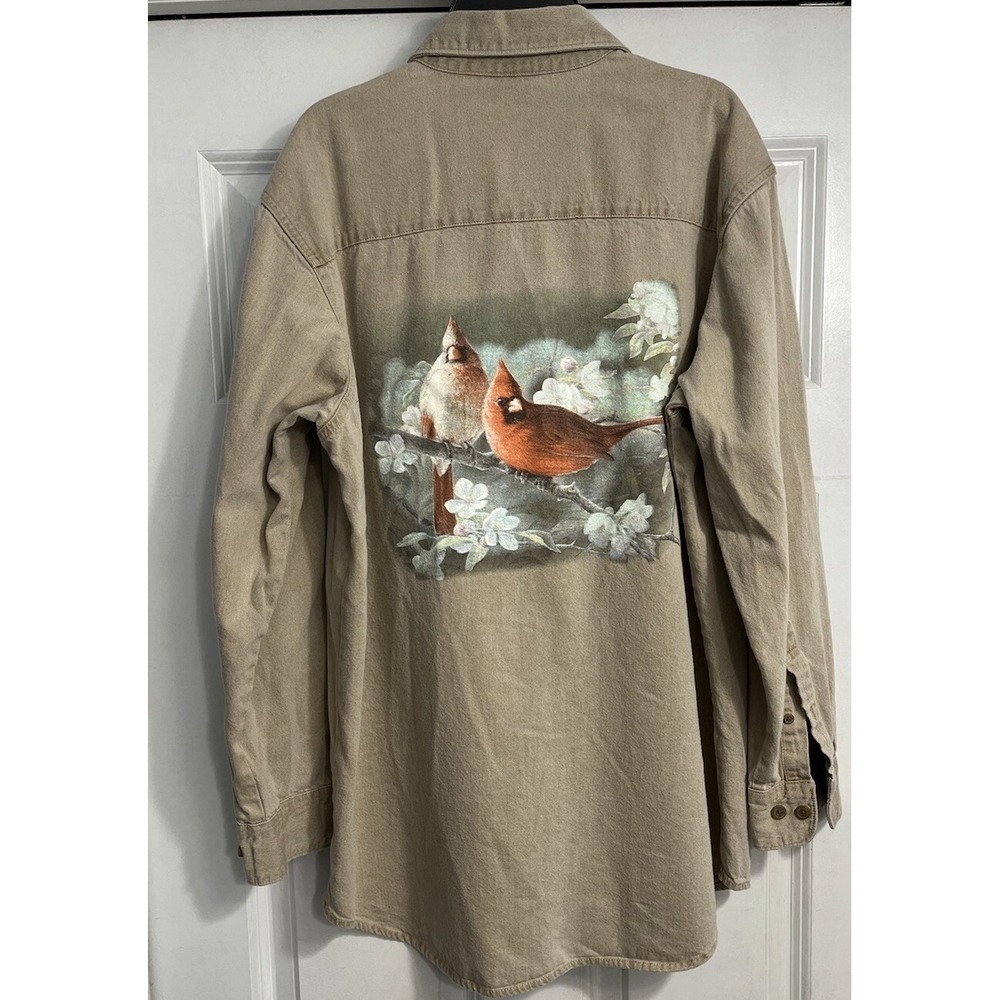 Three Rivers XL  Womens Top Cardinals Birds Tan Vtg Denim Button-Up Shirt Nature
